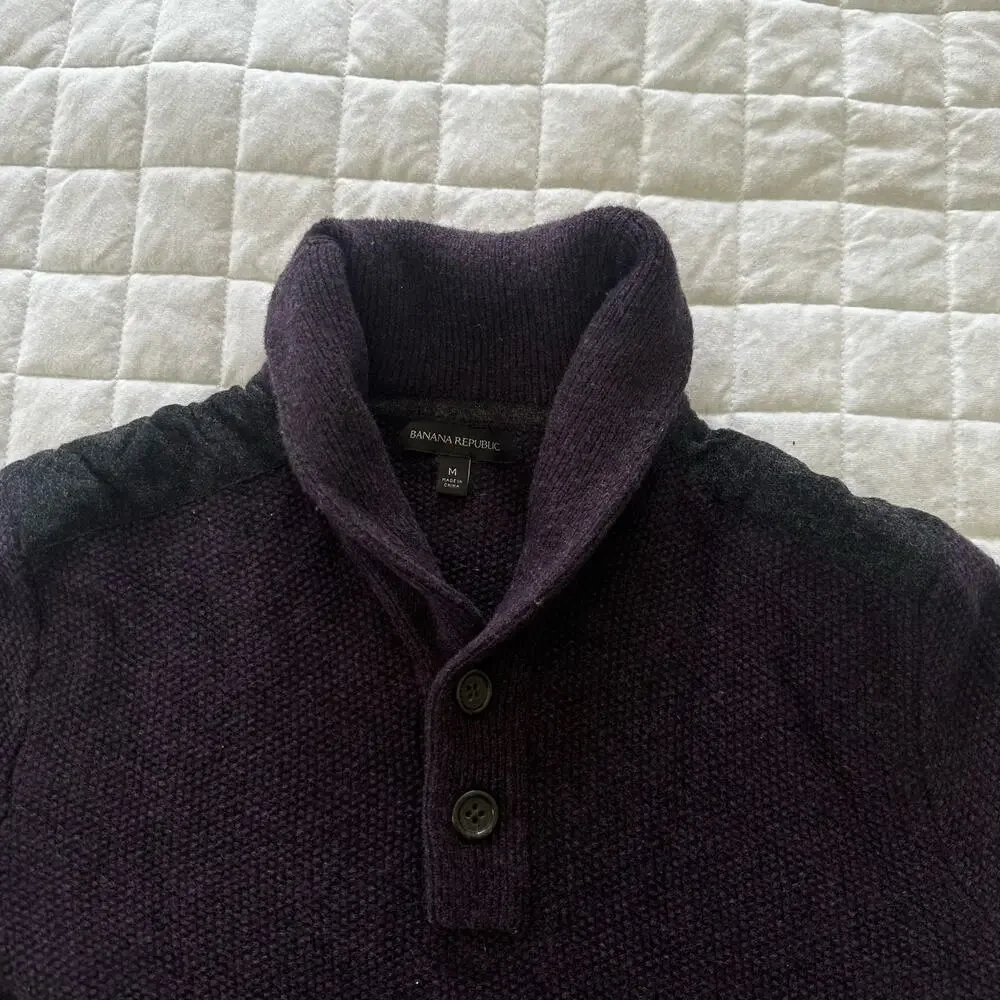 Banana Republic Sweater Mens Dark Purple Shawl Collar Wool Blend Shoulder Patch